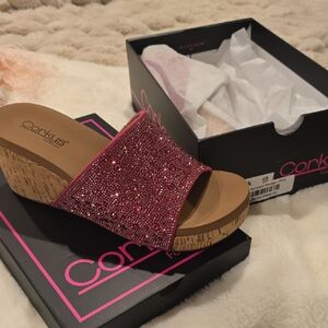 Corkys Pink Tan Wedge Sandals Sparkly Slip-On